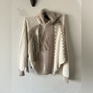 Vtg Silk Angora Sweater, Fringe, Pull Over, Turtle Neck, Soft Knit, Faux Suede